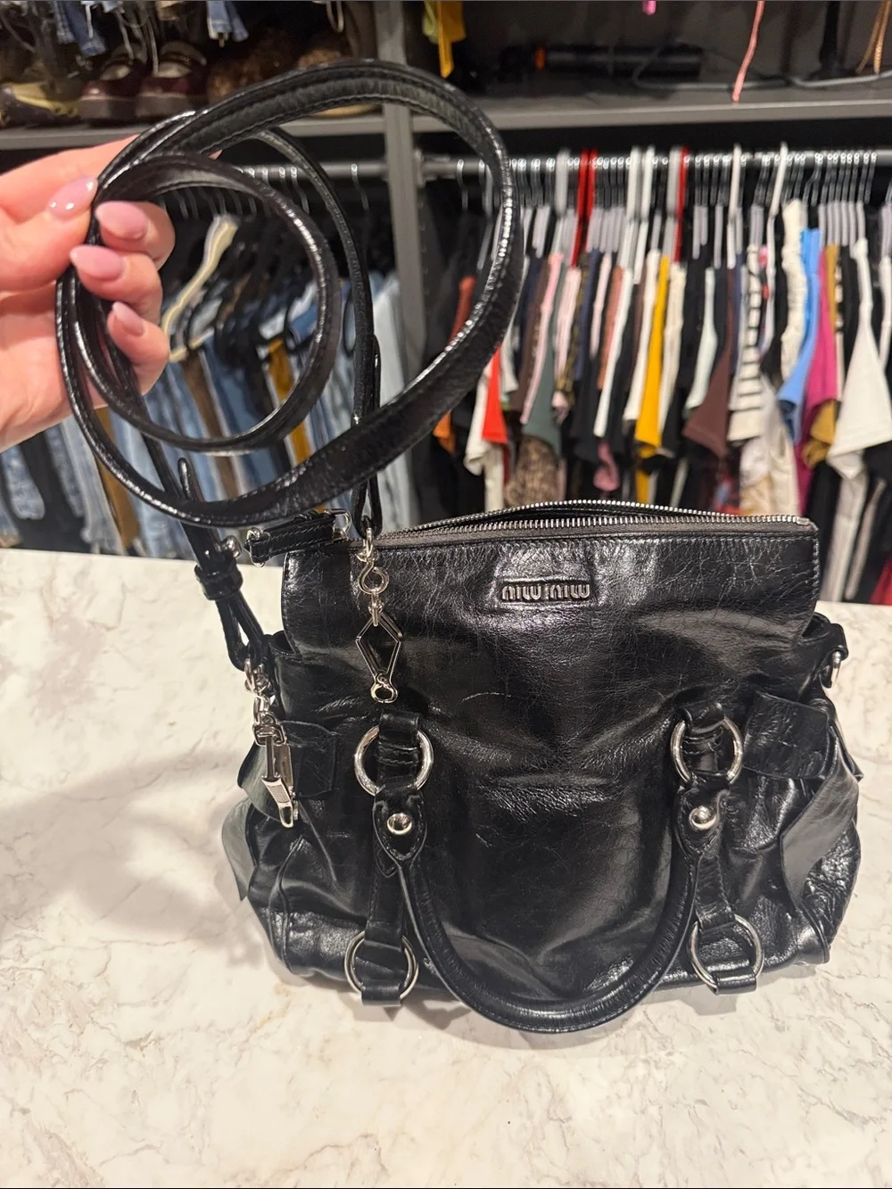 Miu Miu Shiny Black Leather Satchel with Silver Hardware - Picture 8 of 8